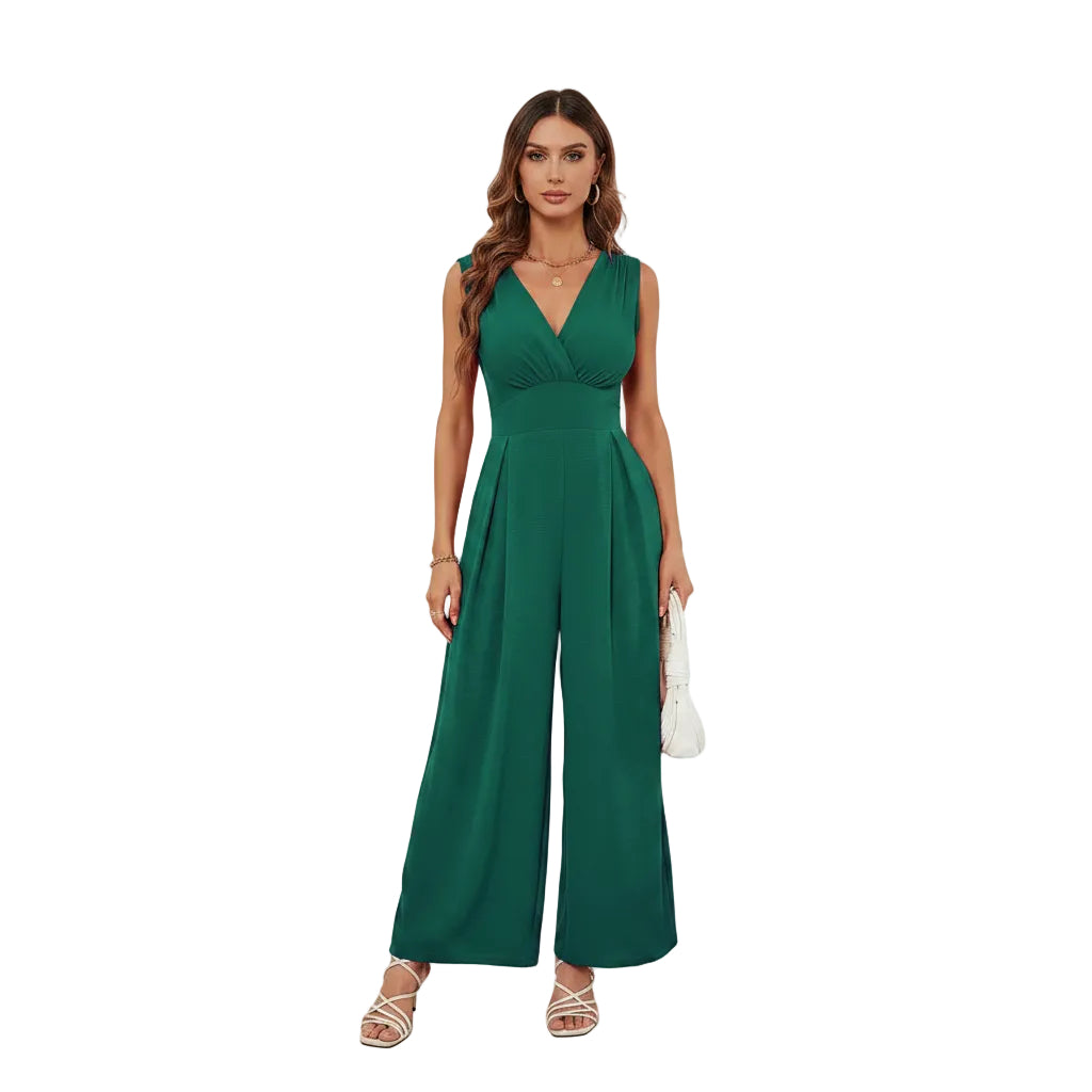 Women's sleeveless waist cinching jumpsuit front view.