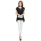 Women's summer O neck chiffon short sleeve blouse front view.