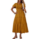 Women's V neck A line maxi dress with pleated details.