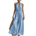 Women's V neck halter neck jumpsuit front view.
