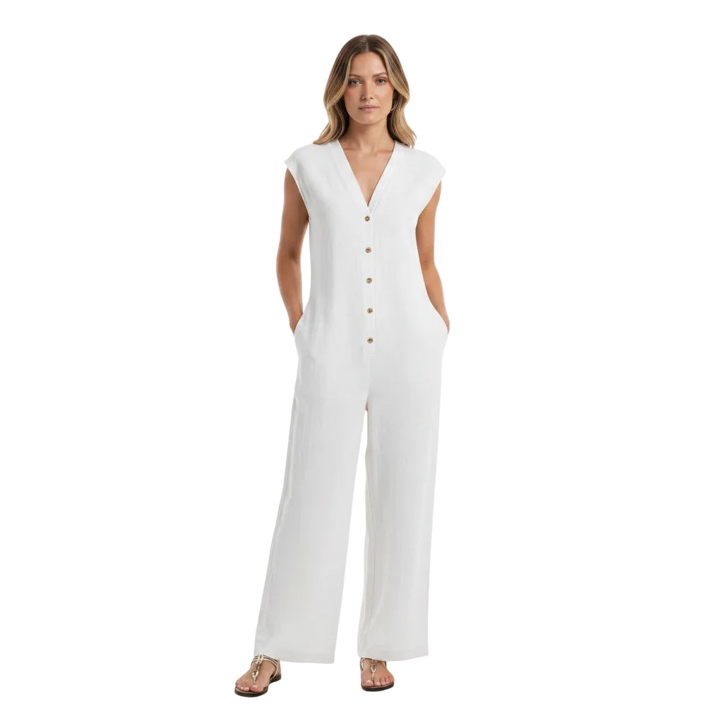 Women's V neck sleeveless casual jumpsuit front view.
